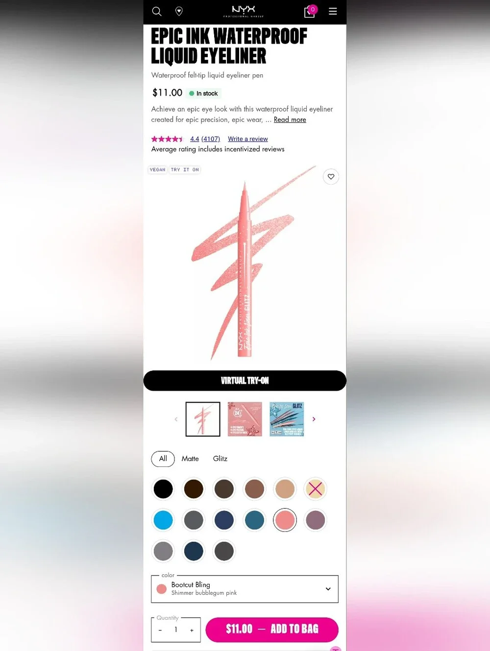 NYX Epic Ink Liner Glitz Shimmer Pink Eyeliner-Bootcut Bling